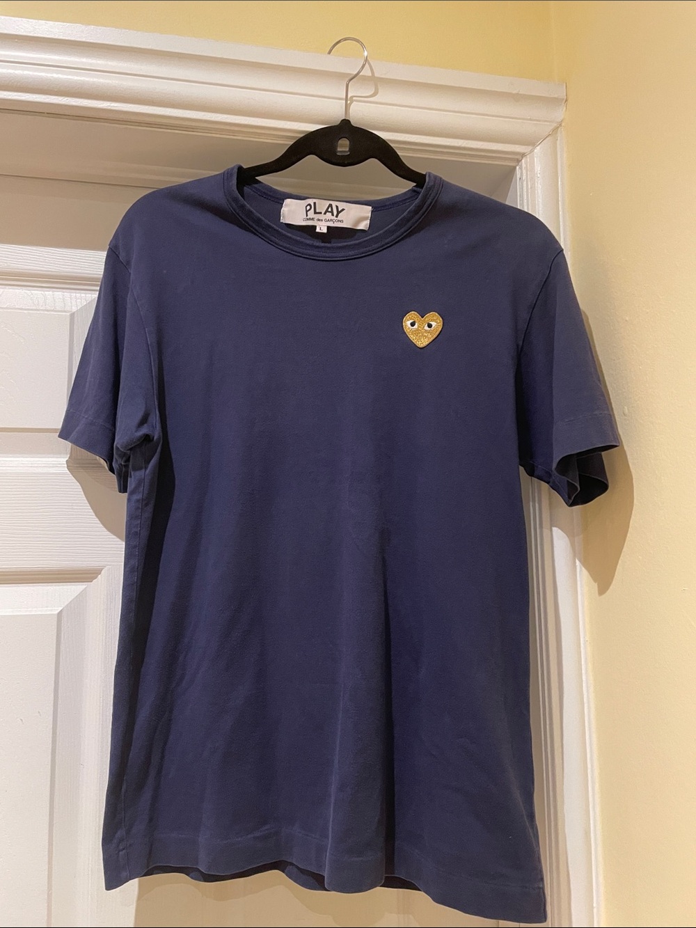 Comme des Garçons Navy Short Sleeve Tee with Gold Heart Patch